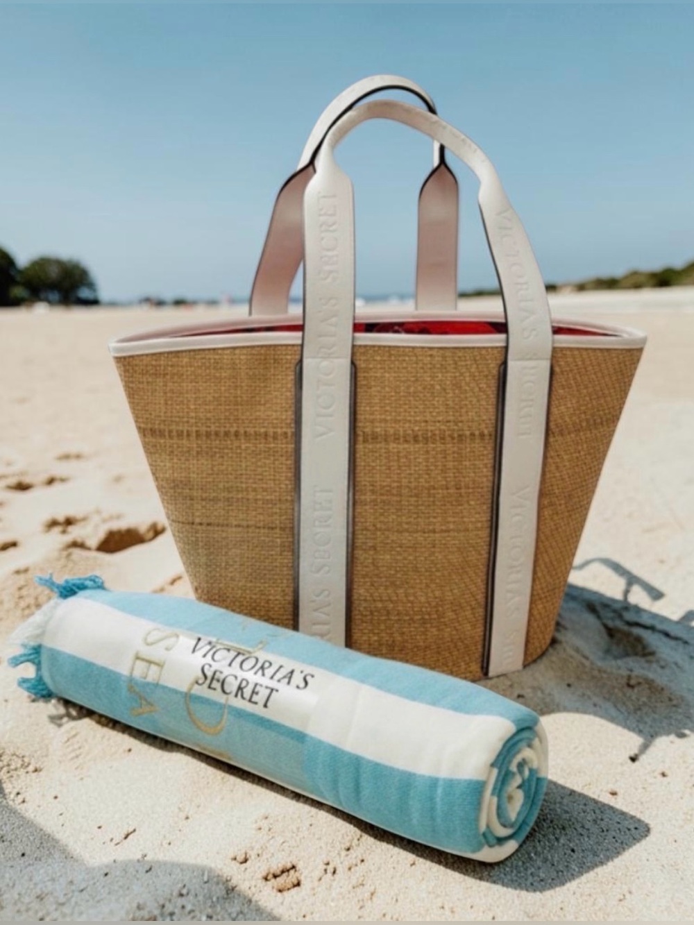 Victoria's Secret Natural Straw Tote & Cabana Beach Pool Towel Luxe Set 2PC
